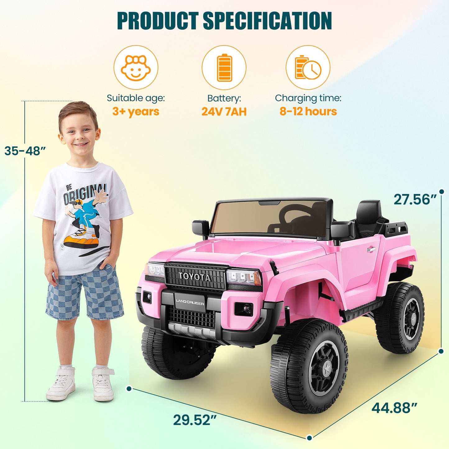 24V 2 Seater Ride on Cars, Licensed Toyota LC250 Powered Ride on Toy Truck with Remote Control, Kids Cars Electric Vehicles for Kids 3-8 Gifts with Bluetooth/Music/USB Ports/Shovel, 4 Wheelers, Pink