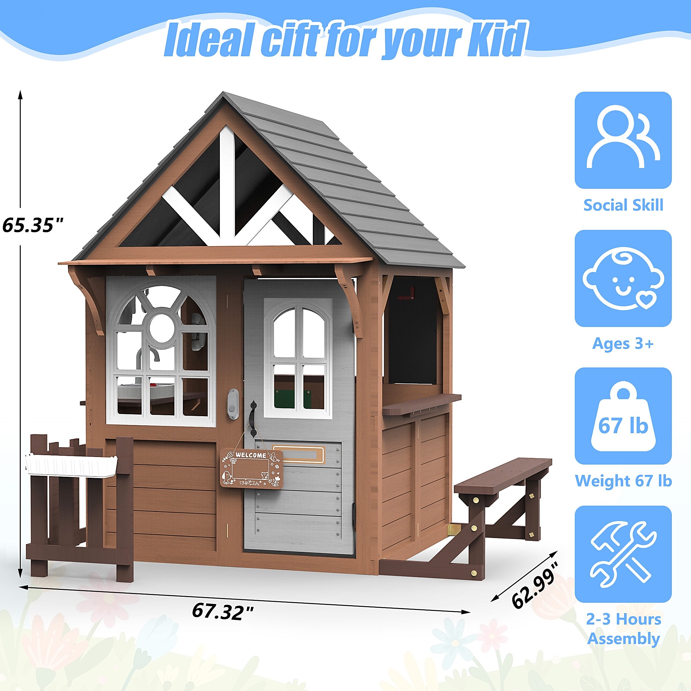 iYofe Outdoor Playhouse for Kids 3+, Wood Kids Playhouse with Full Door, Toy Phone, Bench, Planter Pots, Window, Toddler Playhouse Kids Outdoor Playset Equipment for Interactive Play