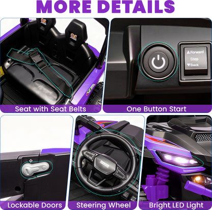 iYofe 24V Powered Ride on Toys with Remote Control, Kids Ride on Car UTV for Boys Girls Ages 3-5, Ride on Vehicles Electric Cars for Kids with Bluetooth, Music, LED Light, 4 Wheels Suspension, Purple