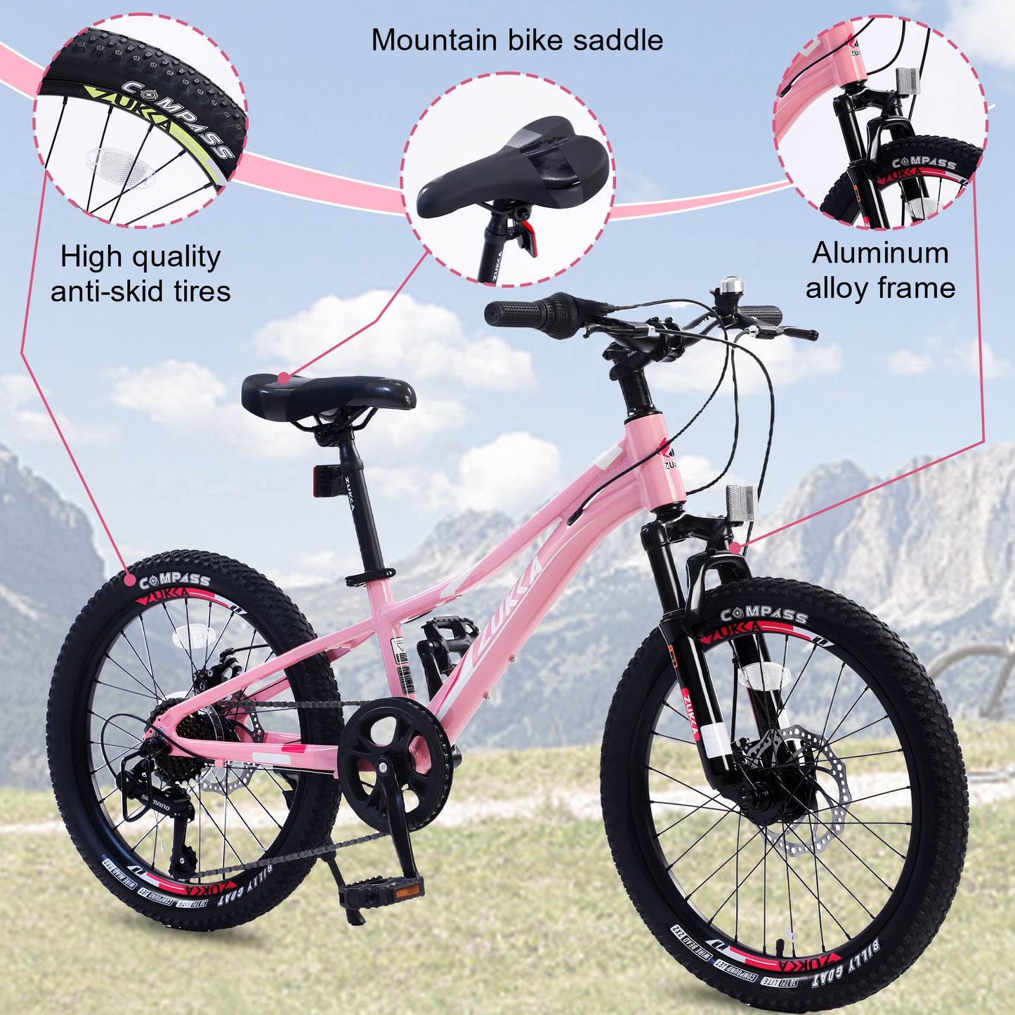 Kids Mountain Bikes 20 inch for Girls and Boys, Shimano 7 Speed Mountain Bycicle with Disc Brakes, 85% Assembled