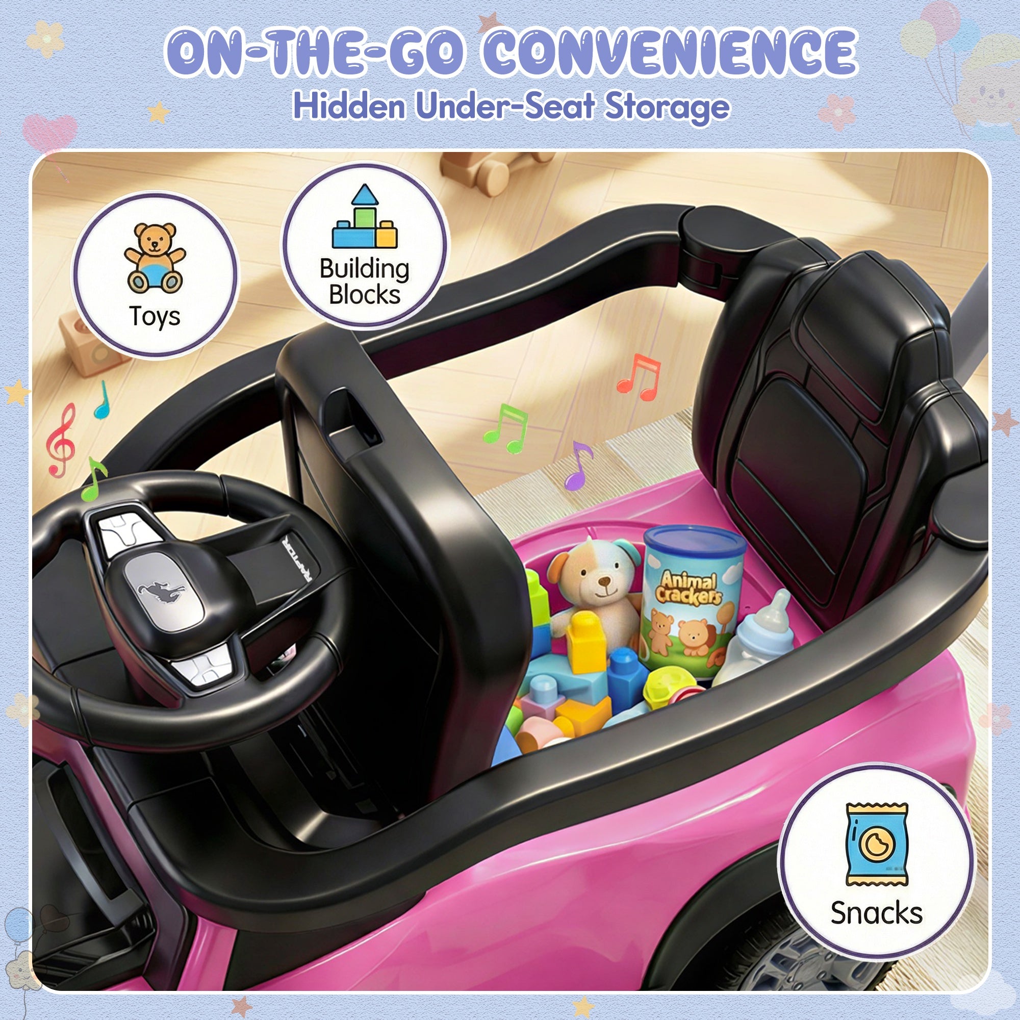 iYofe Kids Ride on Push Car, Licensed Ford Bronco Raptor Toddlers Ride on Toys with Horn, Music, Handle, Under Seat Storage, Kids Push Car for Toddlers 18 Months +, Pink