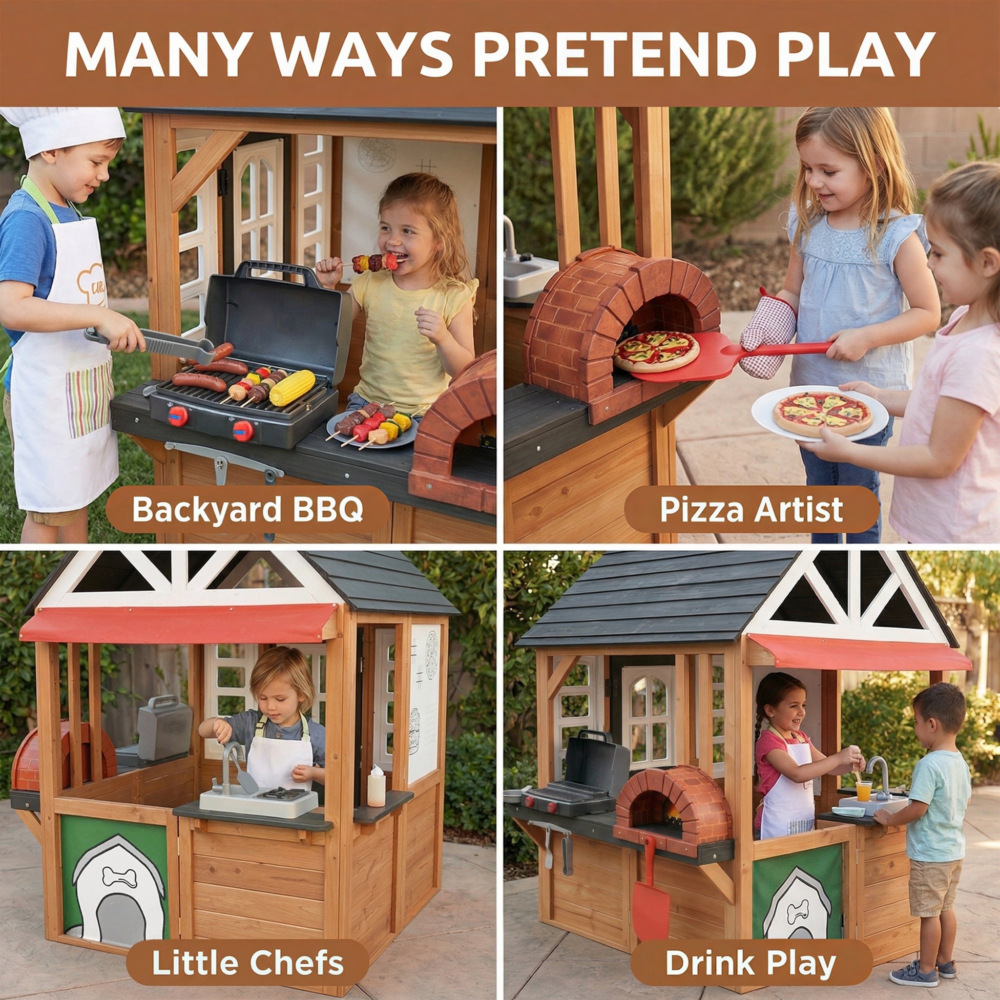 iYofe Kids Playhouse, Wooden Outdoor Playhouse for Kids, Pretend Play House for Toddlers 3-5 with Pizza Oven, Kitchen, Grill Area, Real Doorbell, Gift for Boys Girls Ages 3+