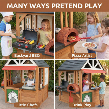 iYofe Kids Playhouse, Wooden Outdoor Playhouse for Kids, Pretend Play House for Toddlers 3-5 with Pizza Oven, Kitchen, Grill Area, Real Doorbell, Gift for Boys Girls Ages 3+