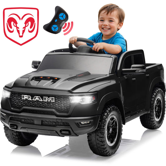 Ram Ride on Car Toys, 12V RAM 1500 Battery Powered Ride on Toy Truck with Remote Control, Electric Car for Kids Girls 3-5 w/ Bluetooth, Rear Storage Trunck, Safety Belt, 4 Wheelers, Black