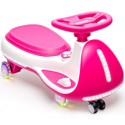 12V Electric Wiggle Car for Kids, Toddlers Ride on Toys with Pedal, Display, Flashing PU Wheels, LED Light, Bluetooth Music, Max Speed 5 MPH, Kids Ride on Cars for Boys Girls 3+, Rose Red