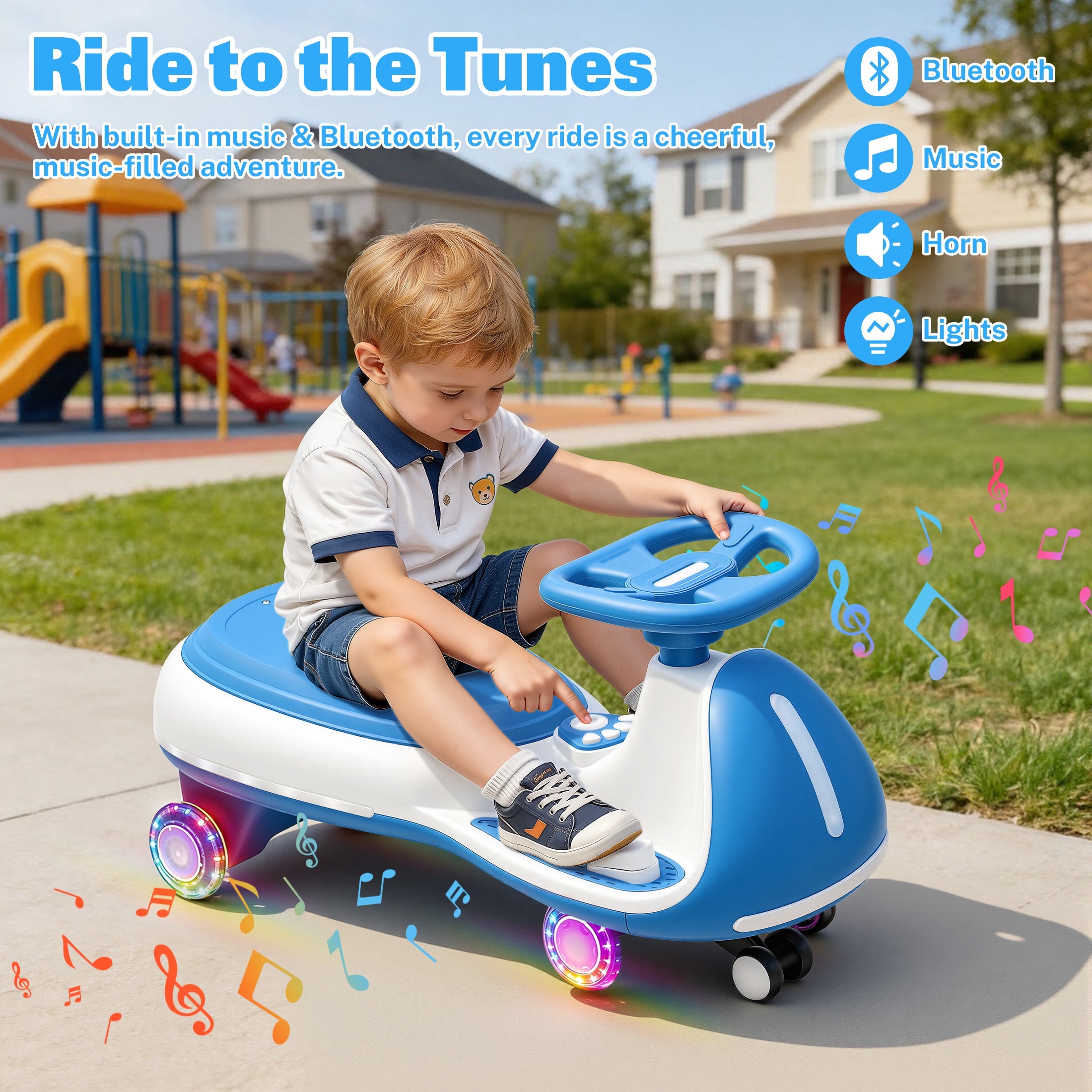 12V Electric Wiggle Car for Kids, Toddlers Ride on Toys with Pedal, Display, Flashing PU Wheels, LED Light, Bluetooth Music, Max Speed 5 MPH, Kids Ride on Cars for Boys Girls 3+, Blue