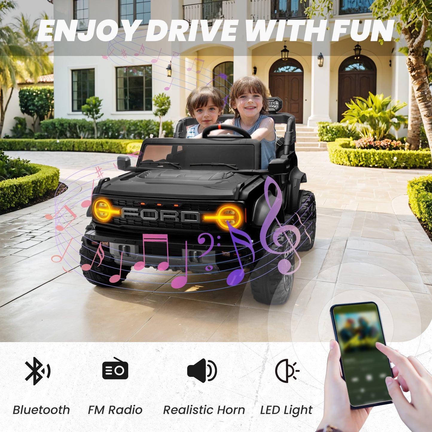 24V 2 Seater Ride on Cars, Licensed Ford Bronco Raptor Powered Ride on Toy Truck with Remote Control, Electric Car for Kids 3-8 Gifts with Bluetooth/LED Light/Spring Suspension, 4 Wheelers, Black