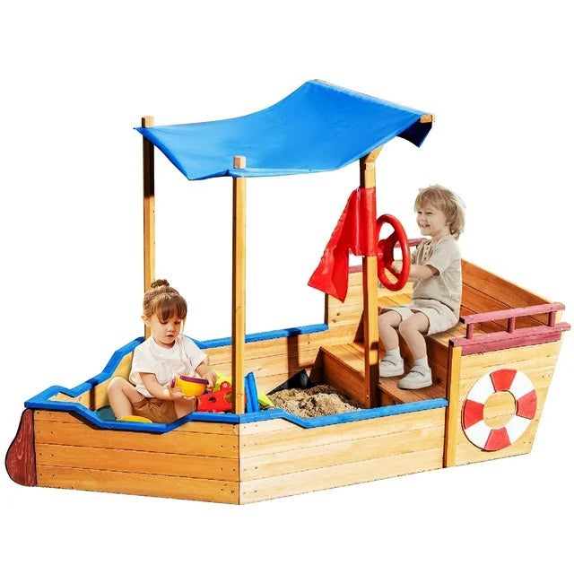 Wooden Sand Boxes, iYofe Sandbox Toys for Kids Outdoor, Pirate Boat w/Adjustable Canopy Storage Bench and Seat for Kids 3-5 Sand Pit