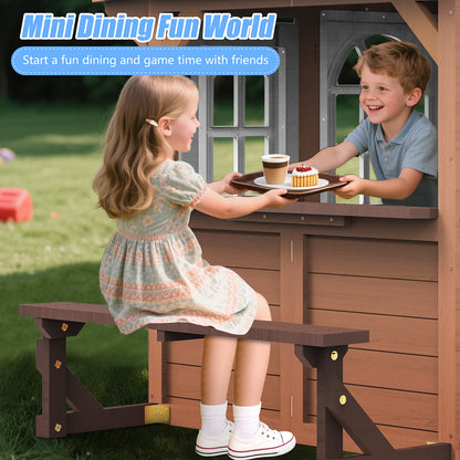 iYofe Outdoor Playhouse for Kids 3+, Wood Kids Playhouse with Full Door, Toy Phone, Bench, Planter Pots, Window, Toddler Playhouse Kids Outdoor Playset Equipment for Interactive Play