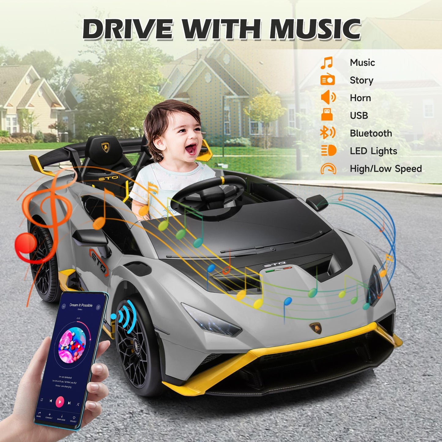 Gray 24V Lamborghini Ride on Cars with Remote Control, Battery Powered Kids Ride on Toys for Boys Girls 3-8 Ages, 4 Wheels Electric Cars for Kids with Bluetooth/Music/USB Port/LED Lights