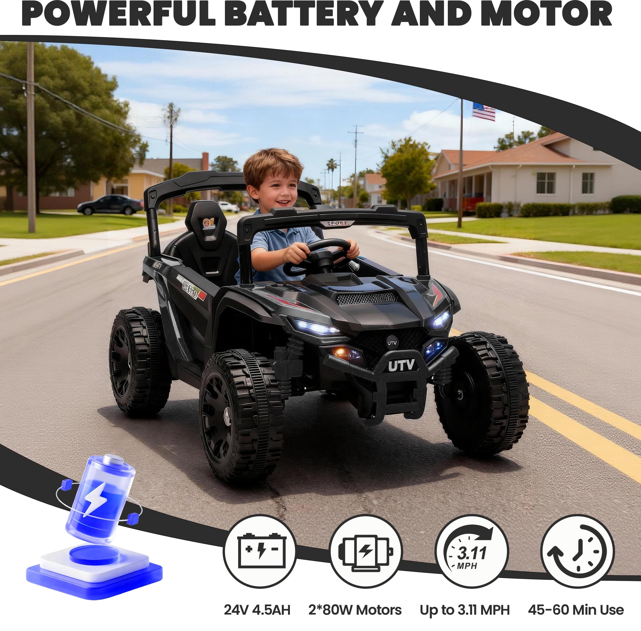 iYofe 24V Powered Ride on Toys with Remote Control, Kids Ride on Car UTV for Boys Girls Ages 3-5, Ride on Vehicles Electric Cars for Kids with Bluetooth, Music, LED Lights, 4 Wheels Suspension, Black
