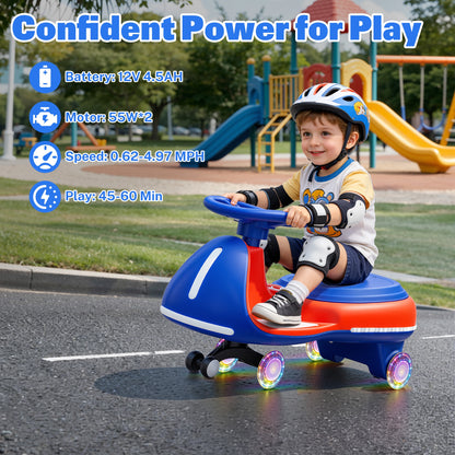 12V Electric Wiggle Car for Kids, Toddlers Ride on Toys with Pedal, Display, Flashing PU Wheels, LED Light, Bluetooth Music, Max Speed 5 MPH, Kids Ride on Cars for Boys Girls 3+, Blue+Red