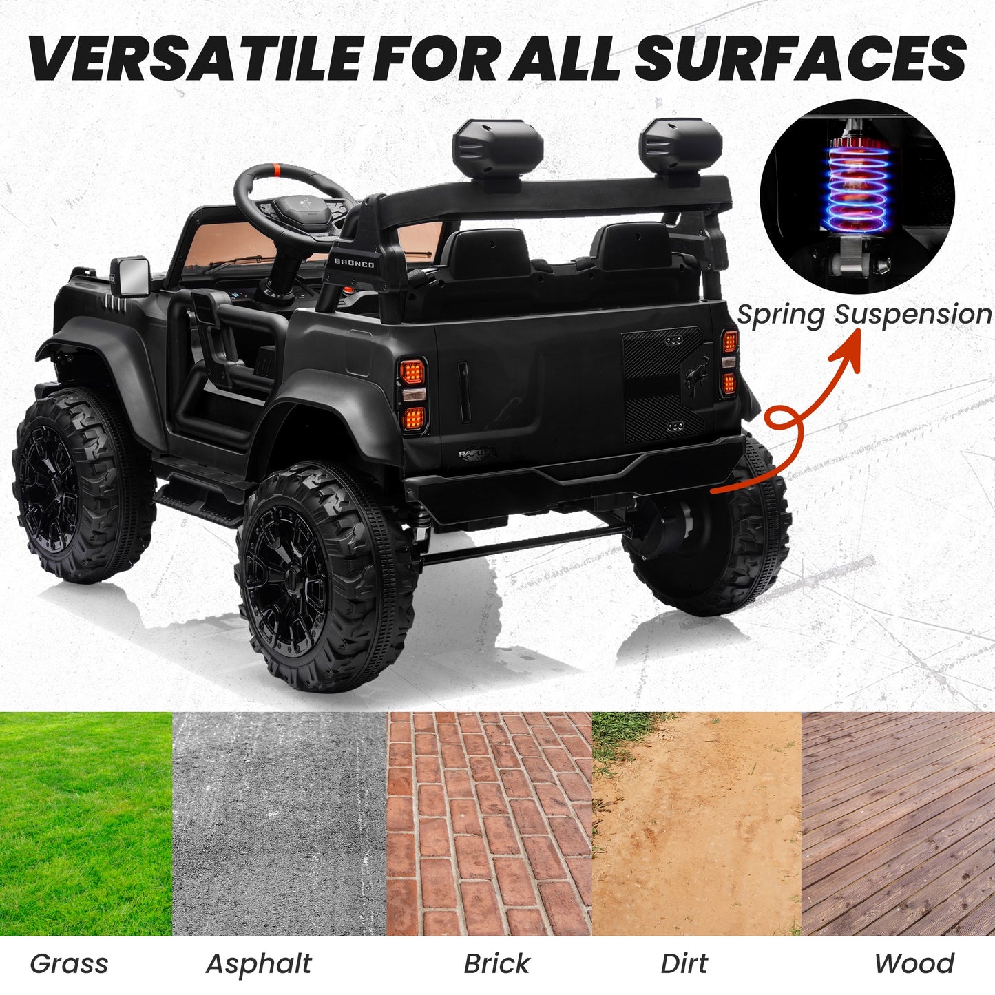 24V 2 Seater Ride on Cars, Licensed Ford Bronco Raptor Powered Ride on Toy Truck with Remote Control, Electric Car for Kids 3-8 Gifts with Bluetooth/LED Light/Spring Suspension, 4 Wheelers, Black