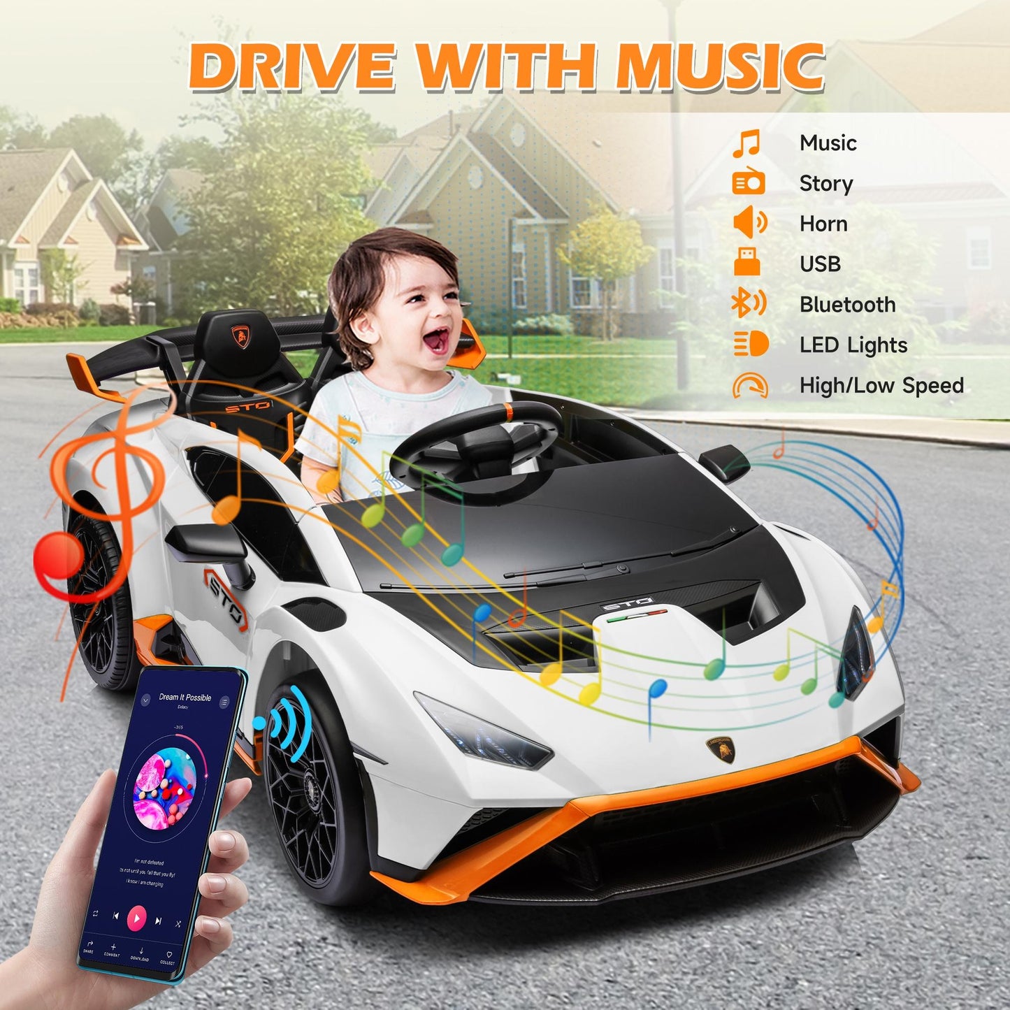 White 24V Lamborghini Ride on Cars with Remote Control, Battery Powered Kids Ride on Toys for Boys Girls 3-8 Ages, 4 Wheels Electric Cars for Kids with Bluetooth/Music/USB Port/LED Lights