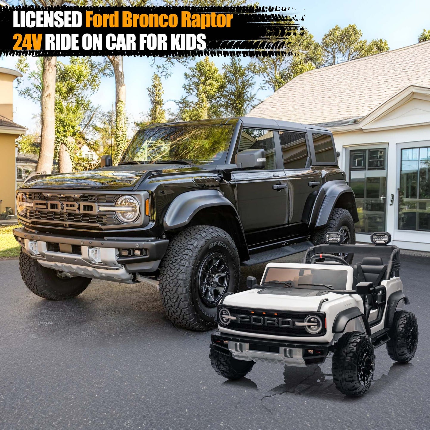 24V 2 Seater Ride on Cars, Licensed Ford Bronco Raptor Ride on Truck Toy with Remote Control, Powered Kids Car Electric Vehicles with Bluetooth/Music Player/LED Light/4 Wheel Spring Suspension, White