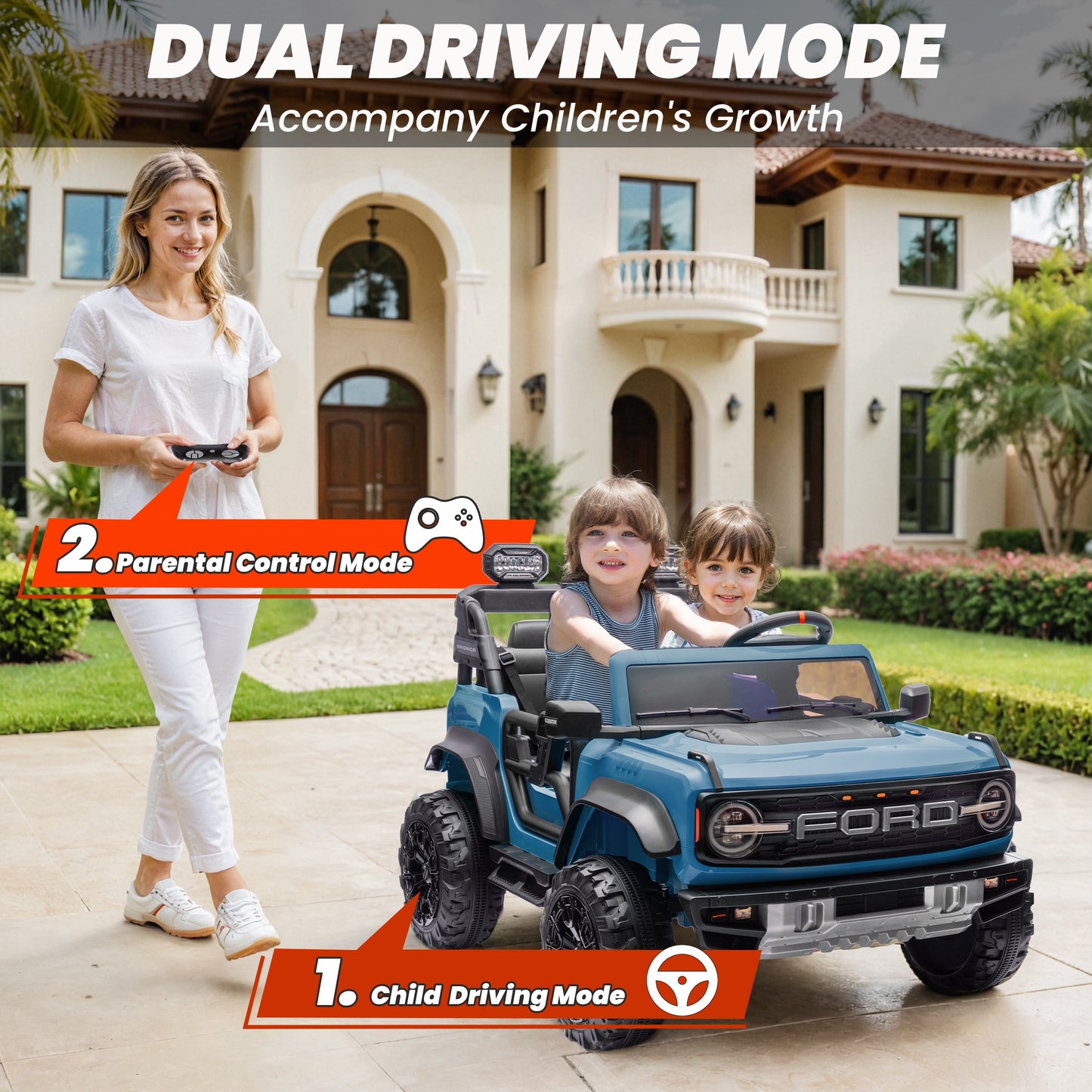 24V 2 Seater Ride on Cars, Licensed Ford Bronco Raptor Powered Ride on Toy Truck with Remote Control, Electric Car for Kids 3-8 Gifts with Bluetooth/LED Light/Spring Suspension, 4 Wheelers, Blue