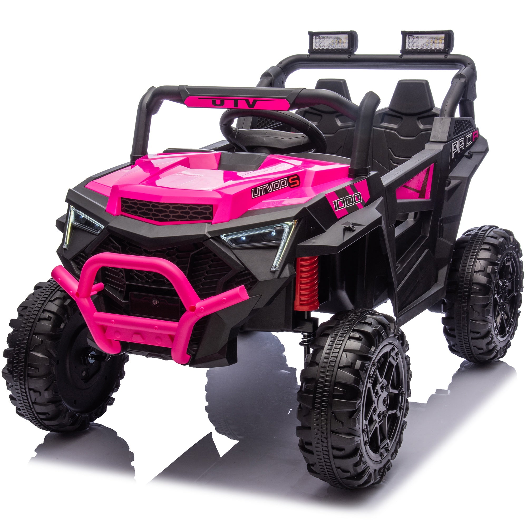 24V Powered Ride on UTV, iYofe Electric Ride on Cars with Remote Control, Bluetooth, Music, LED Lights, Portable Handle, 4 Wheels Suspension, Kids Ride on Toys for Boys Girls Ages 3-6, Pink