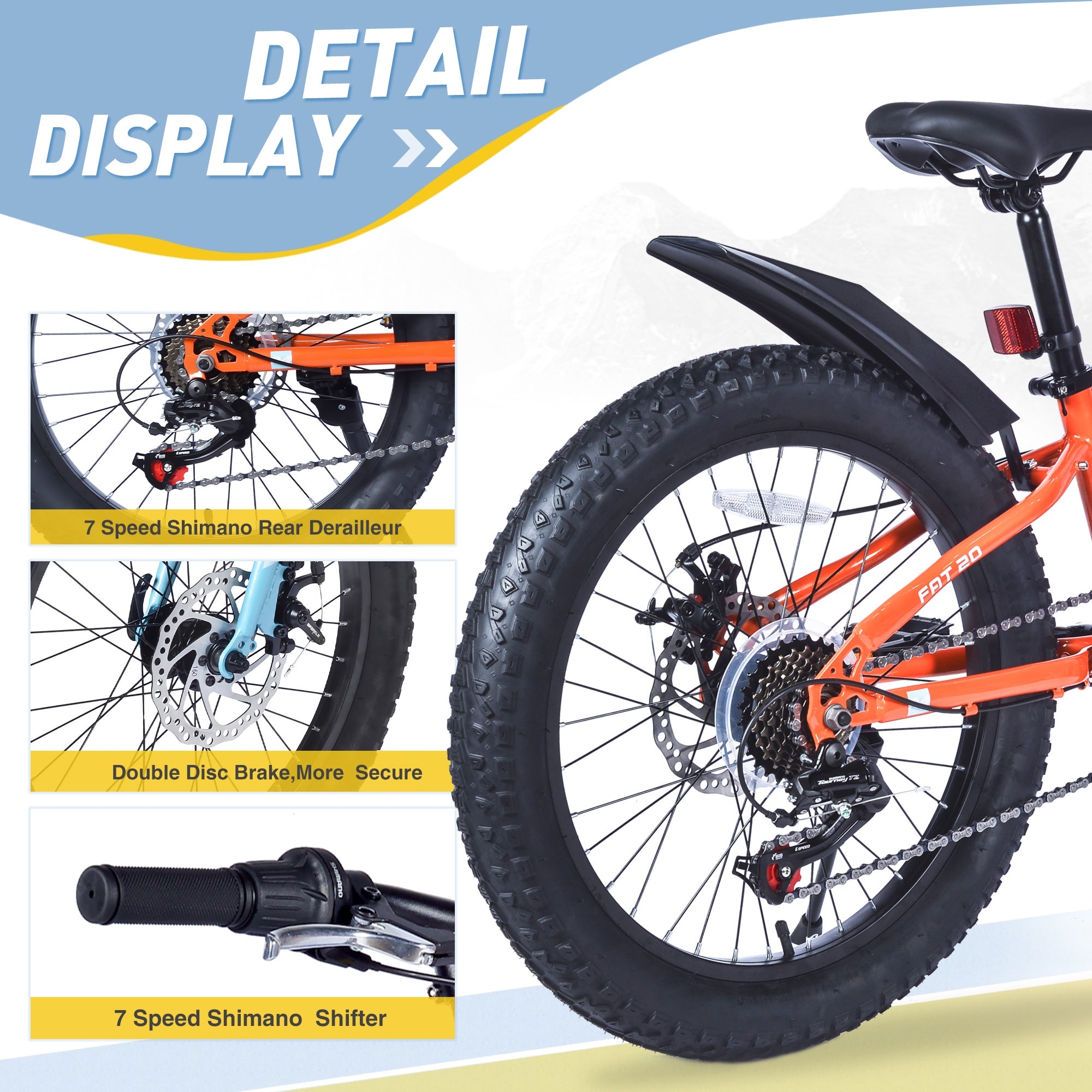 24" Mountain Bikes for Boys Girls, 7 Speed Fat Tire Mountain Bicycle w/ Disc Brakes, Bike for kids Youth Teen Adults, City Bikes Street Suit for Rider Height 56"-66" Ages 10+, 85% assembled (Orange)
