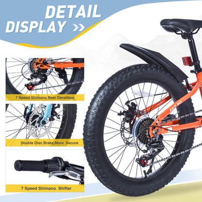 24" Mountain Bikes for Boys Girls, 7 Speed Fat Tire Mountain Bicycle w/ Disc Brakes, Bike for kids Youth Teen Adults, City Bikes Street Suit for Rider Height 56"-66" Ages 10+, 85% assembled (Orange)