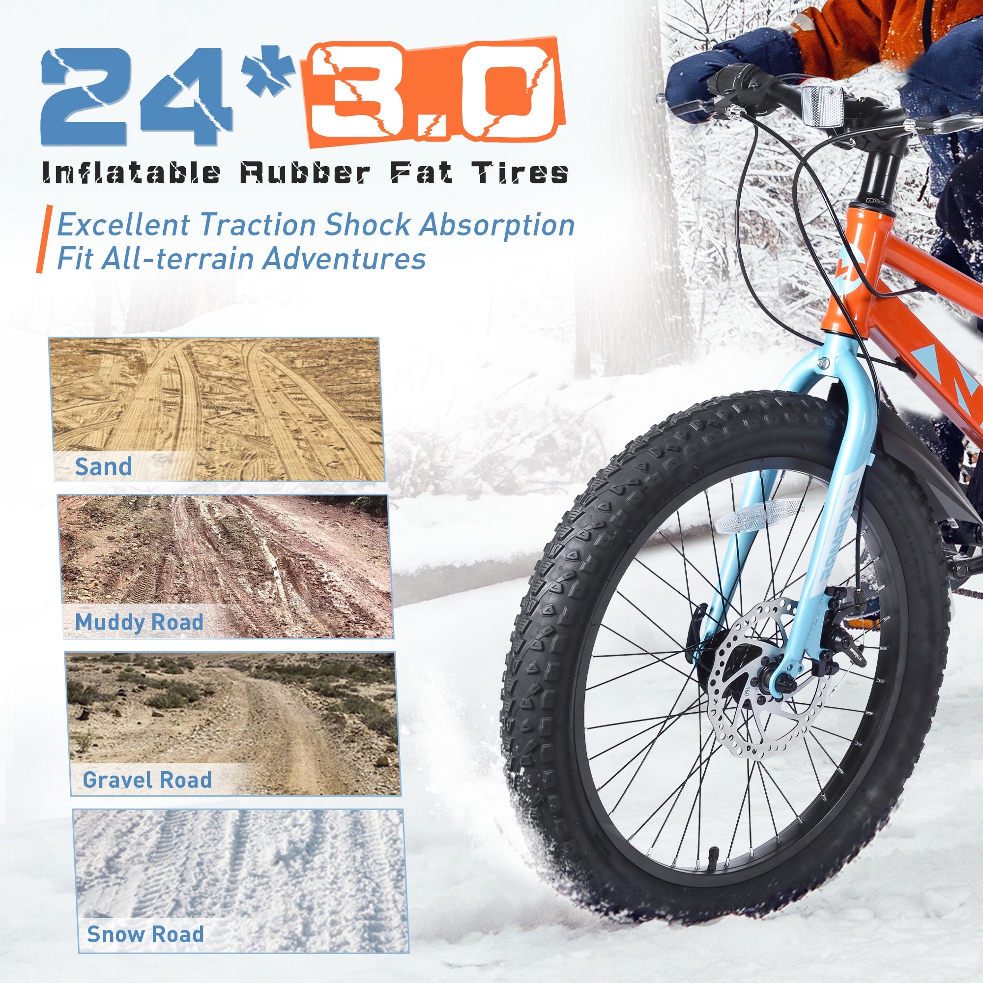 24" Mountain Bikes for Boys Girls, 7 Speed Fat Tire Mountain Bicycle w/ Disc Brakes, Bike for kids Youth Teen Adults, City Bikes Street Suit for Rider Height 56"-66" Ages 10+, 85% assembled (Orange)