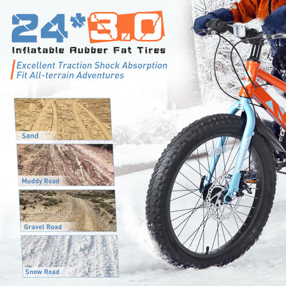 24" Mountain Bikes for Boys Girls, 7 Speed Fat Tire Mountain Bicycle w/ Disc Brakes, Bike for kids Youth Teen Adults, City Bikes Street Suit for Rider Height 56"-66" Ages 10+, 85% assembled (Orange)