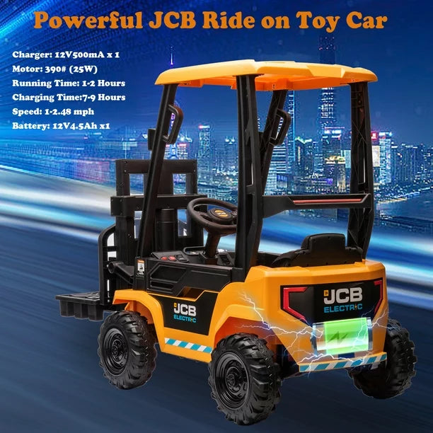 JCB 12V Powered Ride on Car to Forklift, Toddler Ride on Toy with Lifting Pallet, Remote Control, Storage Trunk, Music Player, Electric Construction Vehicle for Kids 3-12 Years Old, Yellow