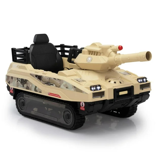 24V Ride on Tank Cars for Kids, Battery Powered Ride on Toy Cars with Fighting Cannon, Rotating Turret, Remote Control, Lights, Music, Kids Fighting Tank Truck for Kids Boys Girls 3-6 Ages, Yellow