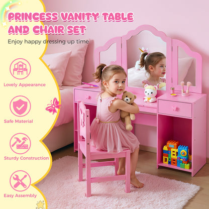 iYofe Kids Vanity Set, Girls Vanity Set with Mirror and Stool, Princess Girls Makeup Vanity Desk with Drawers, Open Storage Cabinet, Toddler Vanity Table and Chair Set for Little Girls Age 3-9, Pink