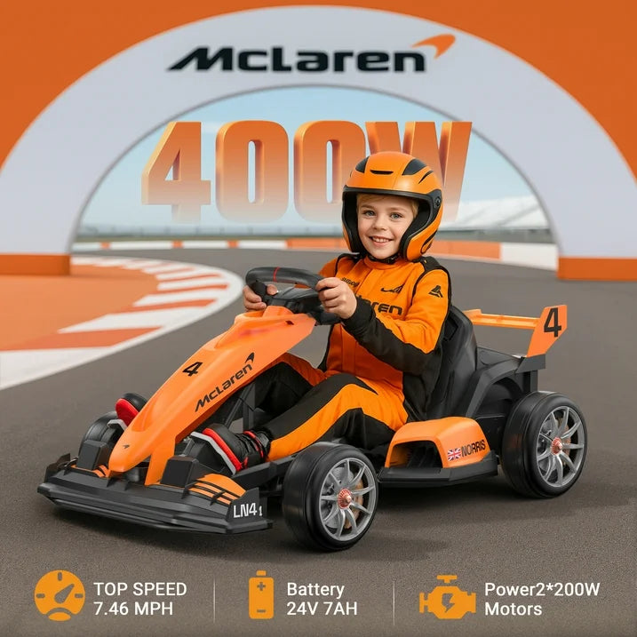Mclaren Electric Go Kart, 400W Powered Powerful Ride on Cars with Tires, Drift/Sports Mode, Brake Pedal, Length Adjustment, Seat Belt, Rear Wheel Drive Electric Car for Kids Ages 6+ Years