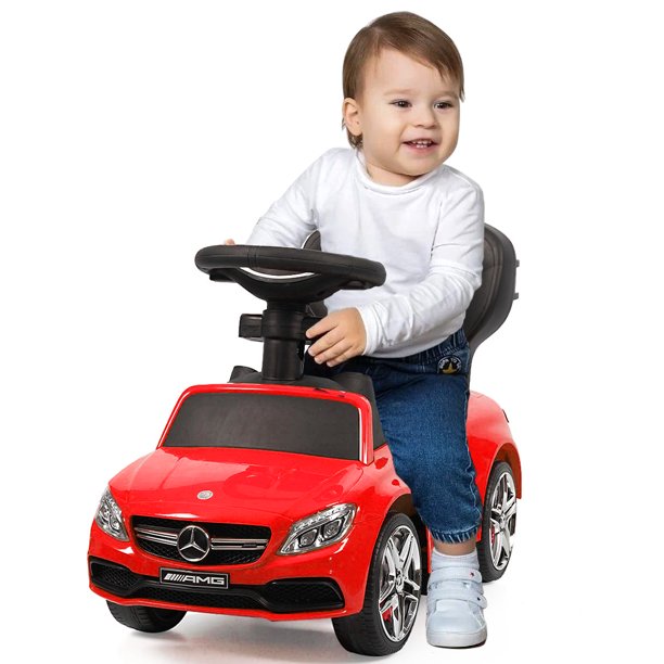 iYofe Mercedes Licensed Kids Push Car, 3 In 1 Toddler Walker Stroller with Handle, Safety Bars, Backrest & Footrest, Music & Horn, Cup Holder, Storage Space, Baby Ride On Toy for 1-3 Years Old, Red