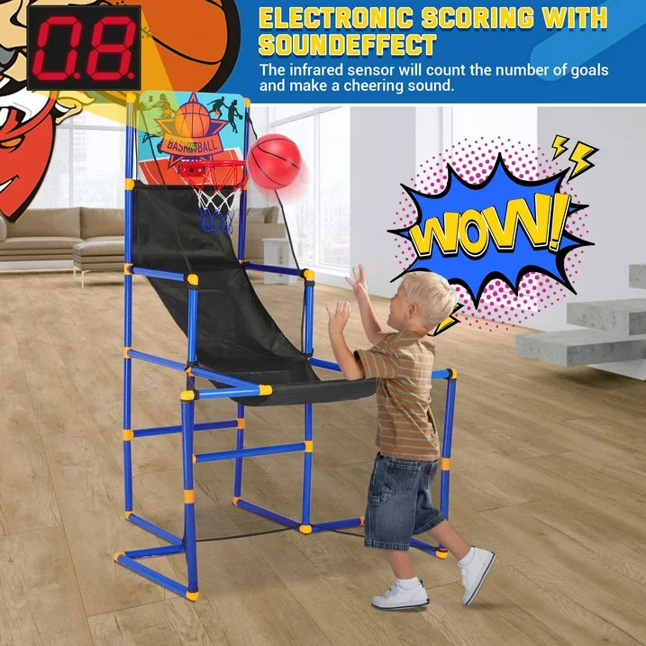 3 in 1 Kids Arcade Basketball Game & Hockey & Soccer, With 4 Basketball Balls, Football, Hockey, Hockey Stick, Pump, Electronic Scoreboard Sound for Toddlers, Basketball Goal for Kids Boys Girls