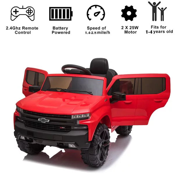 Kids Ride on Car, Chevrolet Silverado 12V Ride on Toy with Remote Control, 4 Wheels Suspension, Safety Belt, Electric Car with MP3 Player, LED Lights, Red, X462