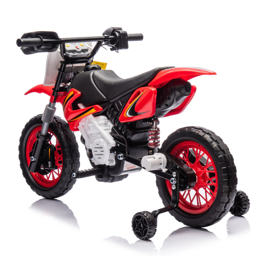 12V Kids Ride On Electric Toy Motorcycle, Rear suspension, Twist Grip Throttle, Slow Start, Removable training wheels, Indie music box with horn and engine, Simulation of dirt bike modeling for kids