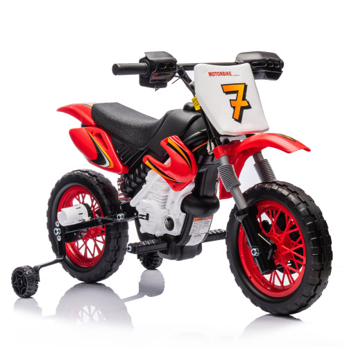 12V Kids Ride On Electric Toy Motorcycle, Rear suspension, Twist Grip Throttle, Slow Start, Removable training wheels, Indie music box with horn and engine, Simulation of dirt bike modeling for kids