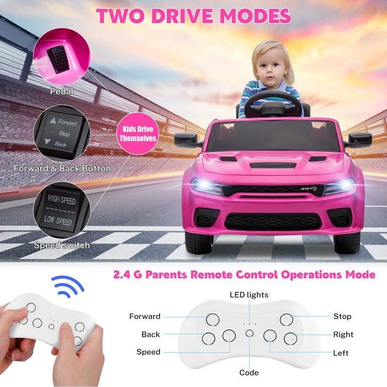 Ride on Cars, 12 V Licensed Dodge Charger Battery Powered Ride On Toys with Remote Control, MP3 Player, LED Headlights, Safety Belt, 4 Wheeler, Electric Car for Kids 3-5 Boys Girls, Pink