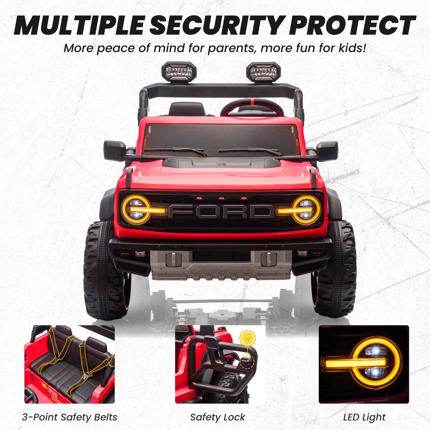 24V 2 Seater Ride on Cars, Licensed Ford Bronco Raptor Powered Ride on Toy Truck with Remote Control, Electric Car for Kids 3-8 Gifts with Bluetooth/LED Light/Spring Suspension, 4 Wheelers, Red