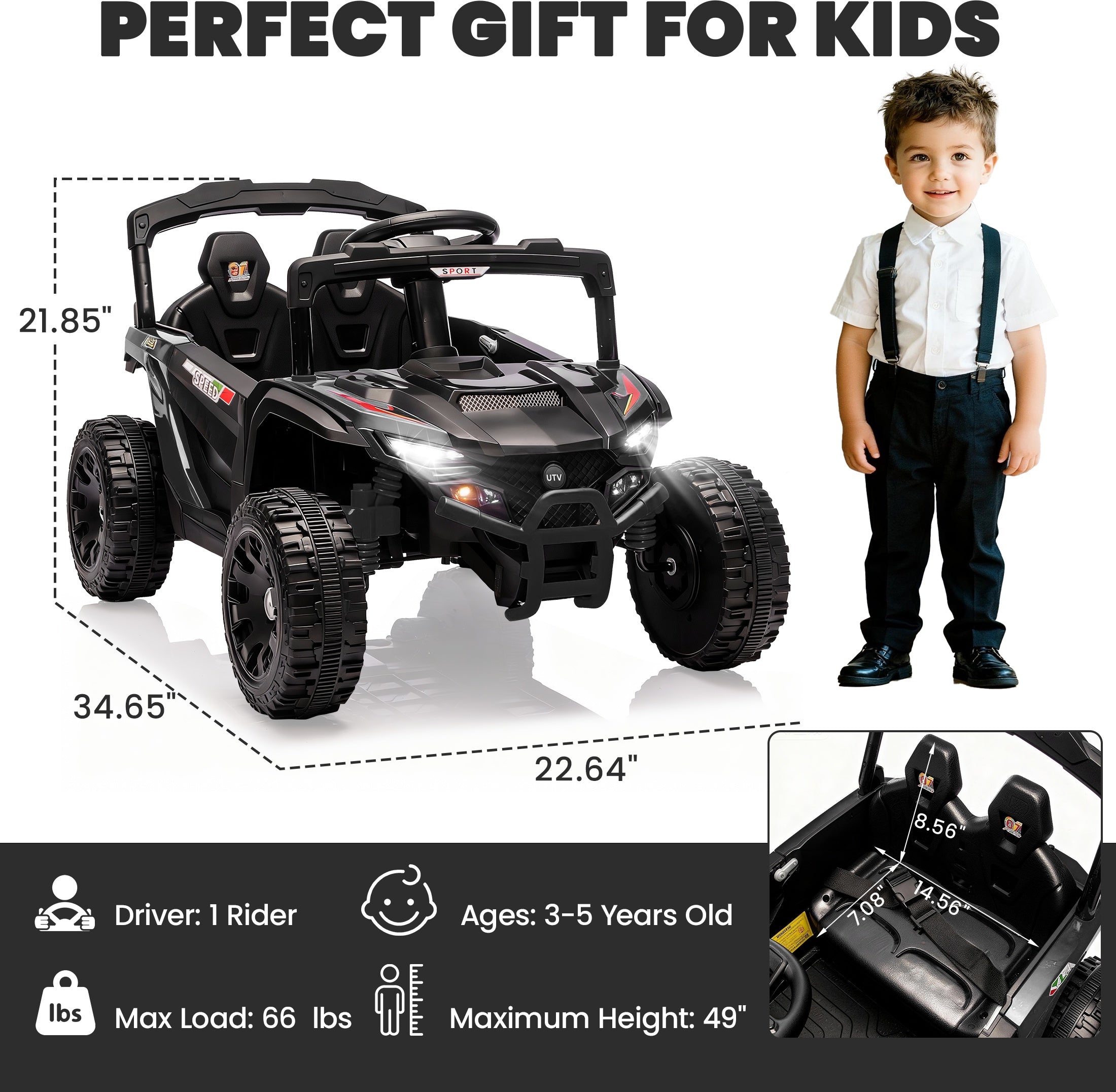 iYofe 24V Powered Ride on Toys with Remote Control, Kids Ride on Car UTV for Boys Girls Ages 3-5, Ride on Vehicles Electric Cars for Kids with Bluetooth, Music, LED Lights, 4 Wheels Suspension, Black