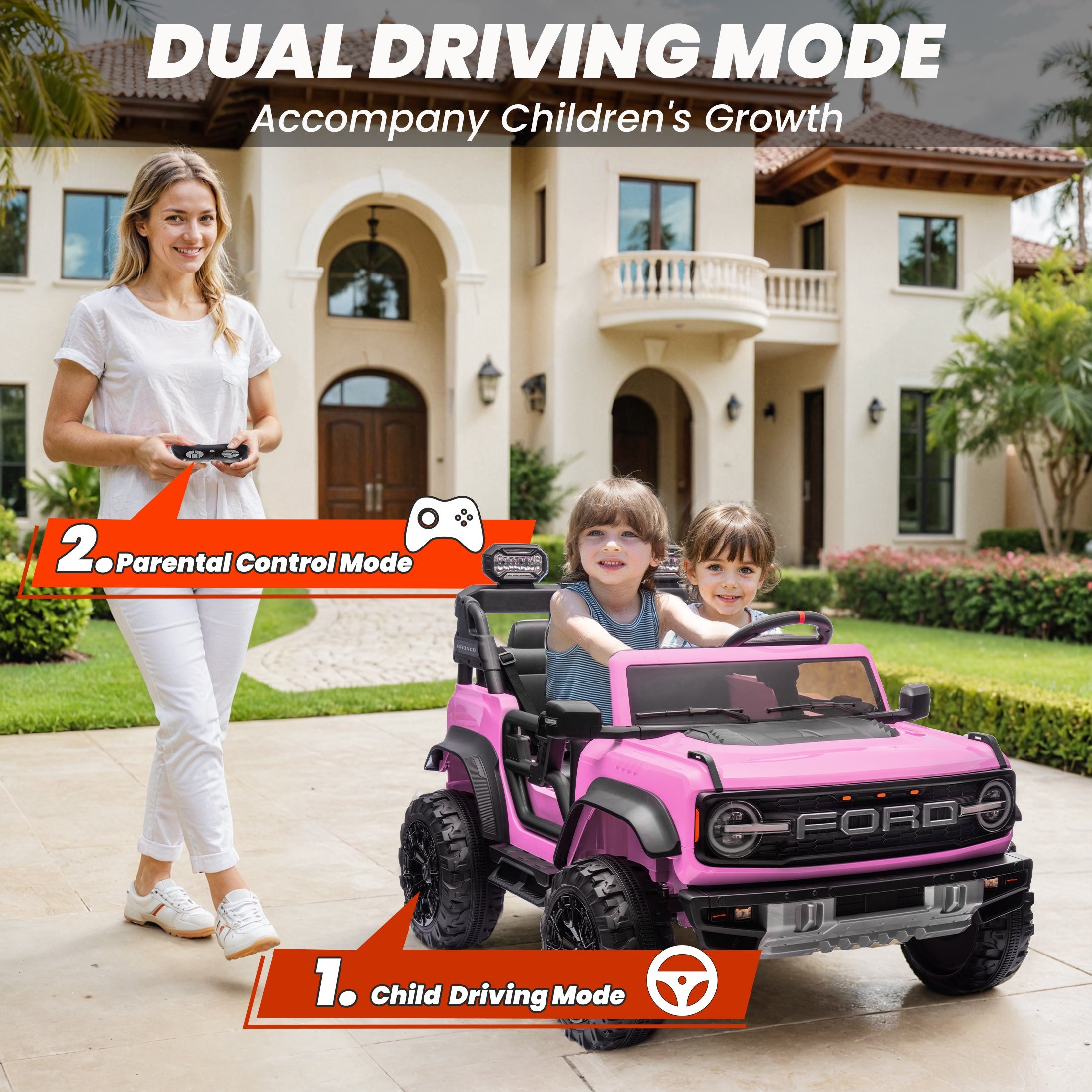 iYofe 24V 2 Seater Ford Bronco Raptor Powered Ride on Car with Remote Control, Bluetooth, Ages 3-8, Pink