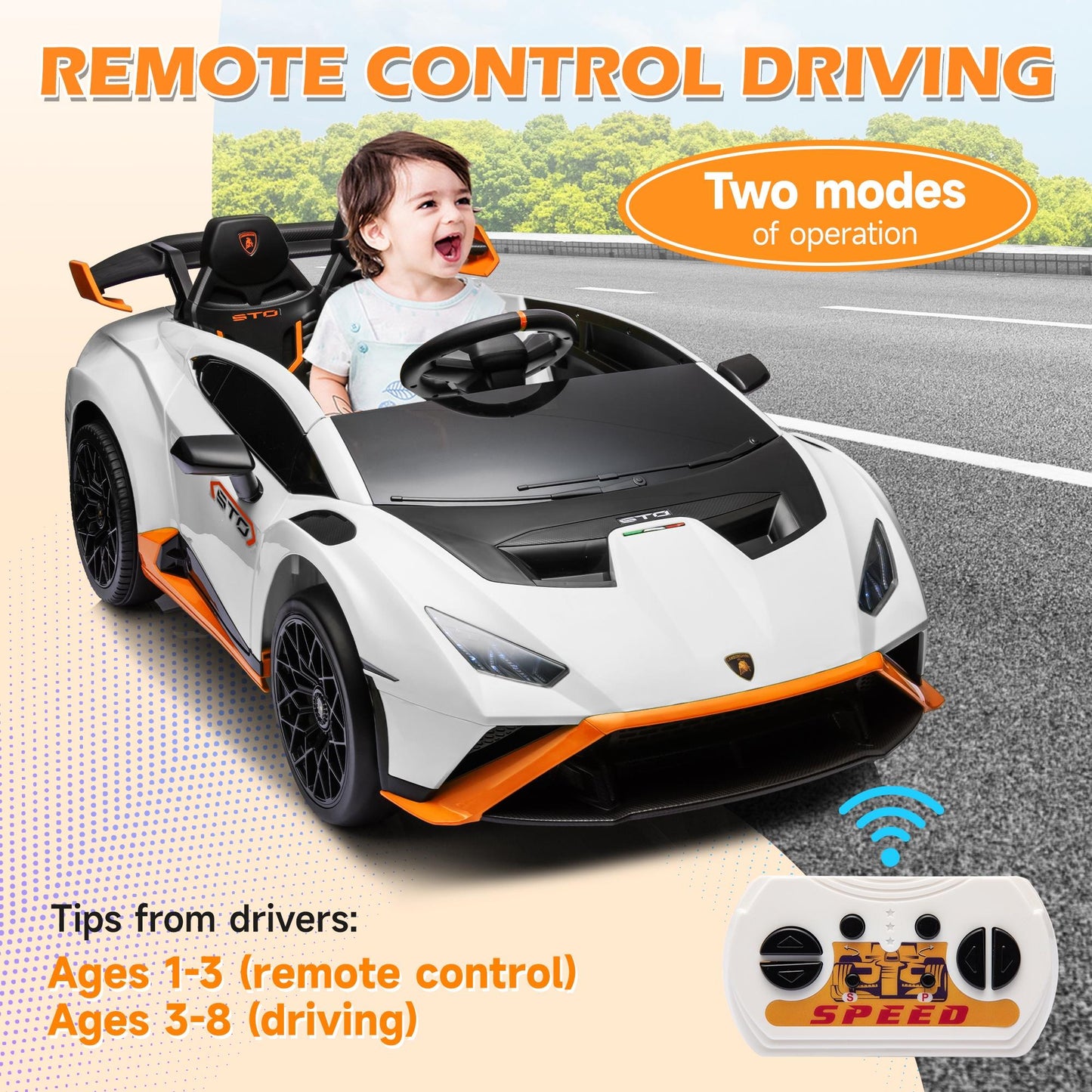 White 24V Lamborghini Ride on Cars with Remote Control, Battery Powered Kids Ride on Toys for Boys Girls 3-8 Ages, 4 Wheels Electric Cars for Kids with Bluetooth/Music/USB Port/LED Lights