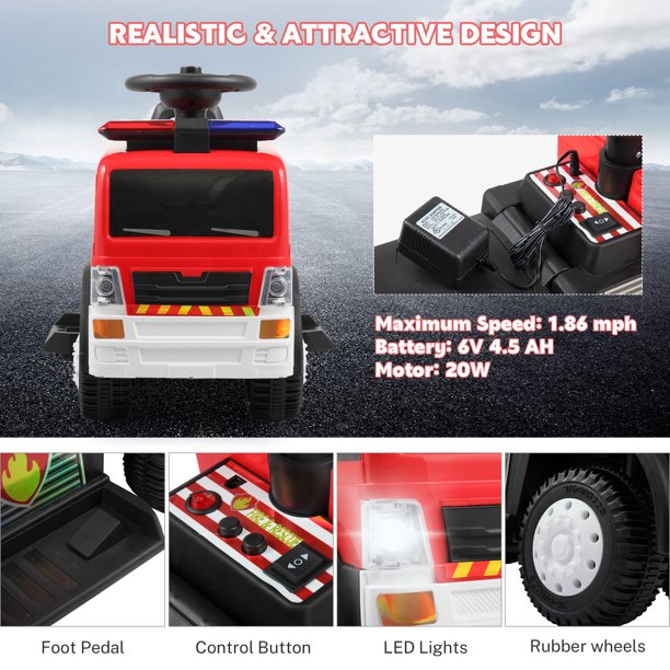 iYofe Kids 6V Ride on Car, Battery Powered Ride on Fire Truck with LED Lights, Music, Alarm sound and Horn, Electric Ride on Toy for 2-4 Years Old Boys Girls, Red & Black