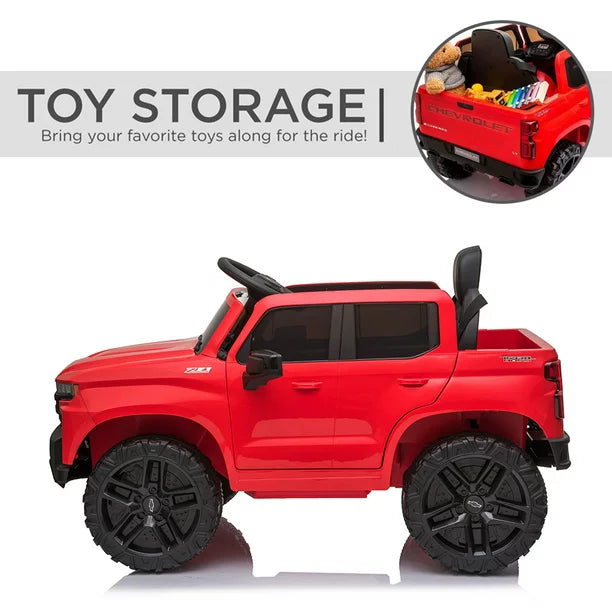 Kids Ride on Car, Chevrolet Silverado 12V Ride on Toy with Remote Control, 4 Wheels Suspension, Safety Belt, Electric Car with MP3 Player, LED Lights, Red, X462