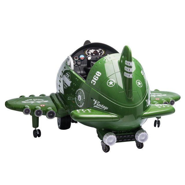 12V Ride on Cars for Kids, Battery Powered Plane Ride on Toy Cars with Remote Control, 360 Degree Rotating by 2 Joysticks, Wind-Driven Propeller, USB, FM, Electric Plane Toy for Boys Girls, Green