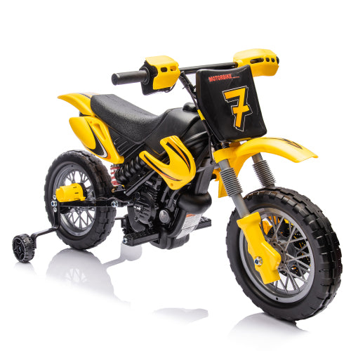 12V Kids Ride On Electric Toy Motorcycle, Rear suspension, Twist Grip Throttle, Slow Start, Removable training wheels, Indie music box with horn and engine, Simulation of dirt bike modeling for kids