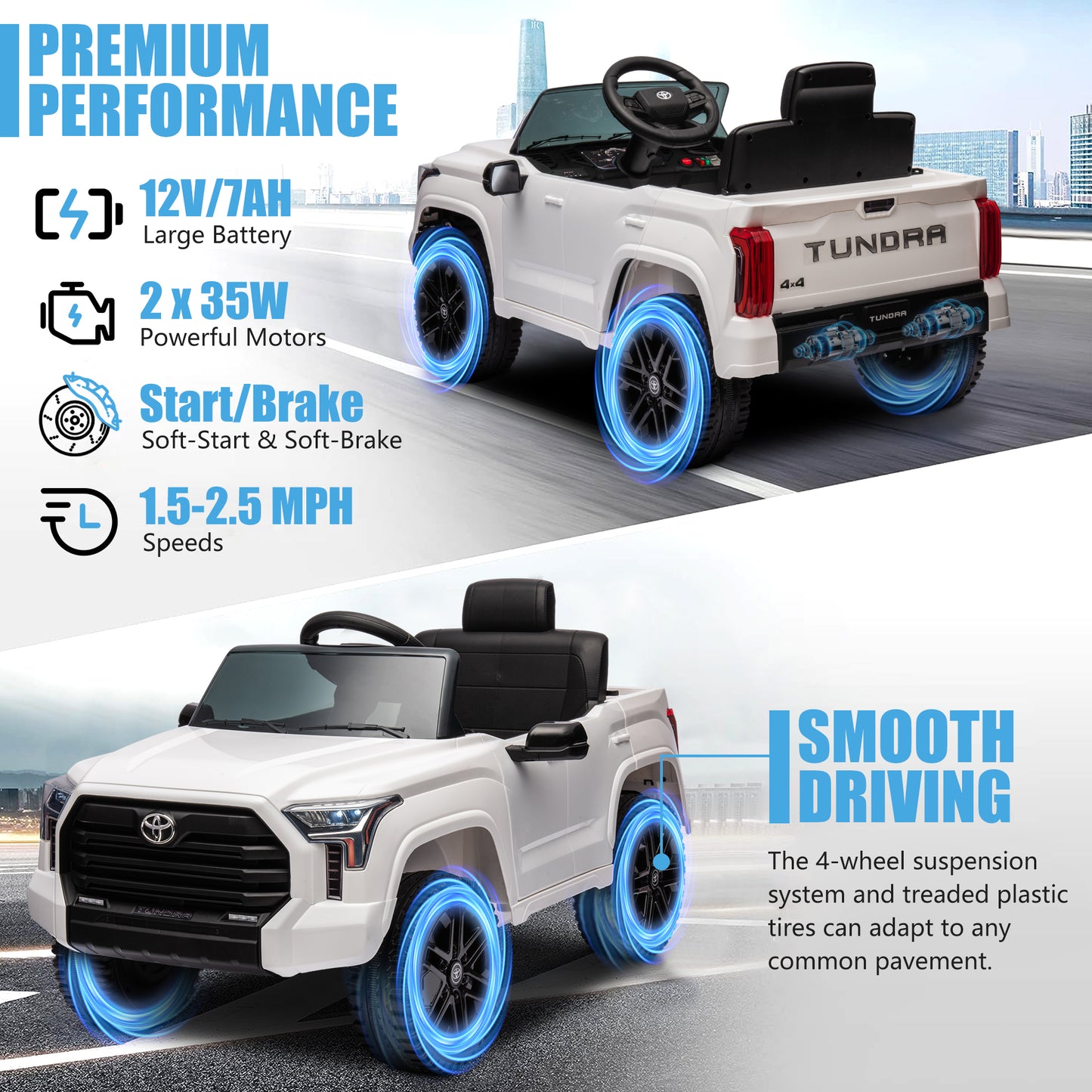 Toyota Tundra Pickup 12V 7A Ride On Cars for Kids, Ride On Toys with Remote Control, Battery Powered Kids Electric Vehicles with Bluetooth Music, USB, Electric Cars for Kids Boys Girls Gifts, White