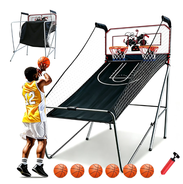 iYofe Double Basketball Hoop Indoor, Easy Fold Portable Basketball Arcade Game, Basketball Shooting Machine with 6 Balls, 8 Modes, LED Scoreboard, Air Pump, for For Youth and Adults