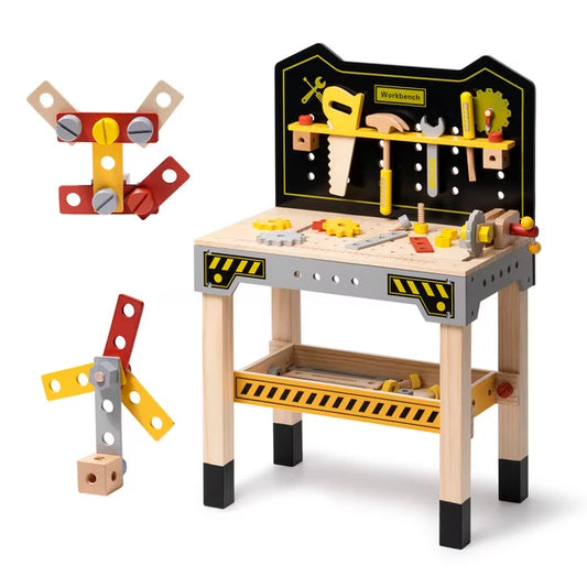 iYofe Wooden Workbench for Kids, Pretend Play Workbench with Tools Kit and Wooden Building Blocks Construction Set, Toddler Learning Toy for Boys Girls Under 3 Yrs Old, Yellow and Black