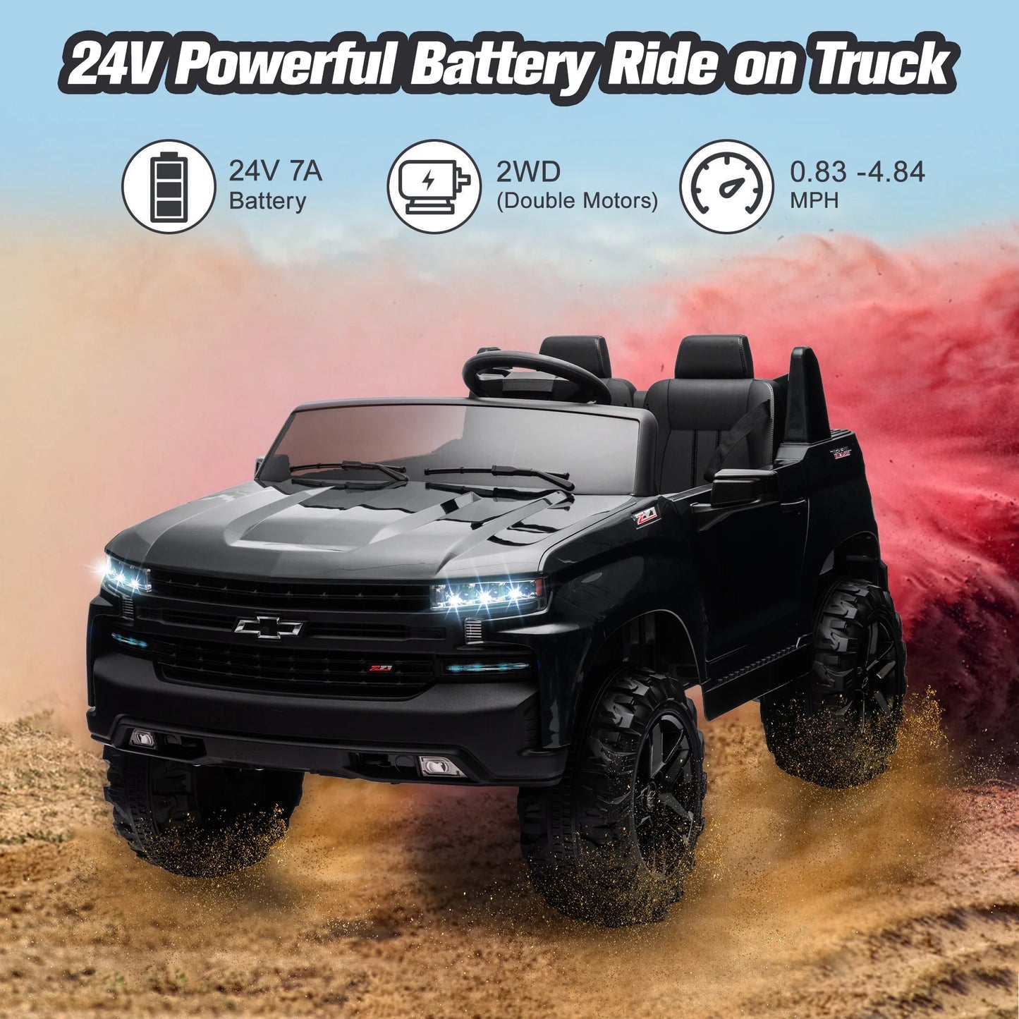 Chevrolet Silverado 24V Powered Ride on Cars for Kids, Extra large Real 2 Seat Ride on Toys with Remote Control, LED Light, MP3 Player, Electric Vehicles Ride on Truck for Boys Girls Gifts, Black