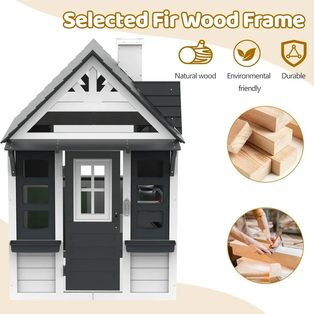 Outdoor Playhouse for Kids Ages 4-8, Wooden Play House with Front Door, Doorbell, Flower Pot Holders, Stove, Sink, Cookware, Windows, Indoor Outdoor Kids Play Equipment Gift for Boys & Girls