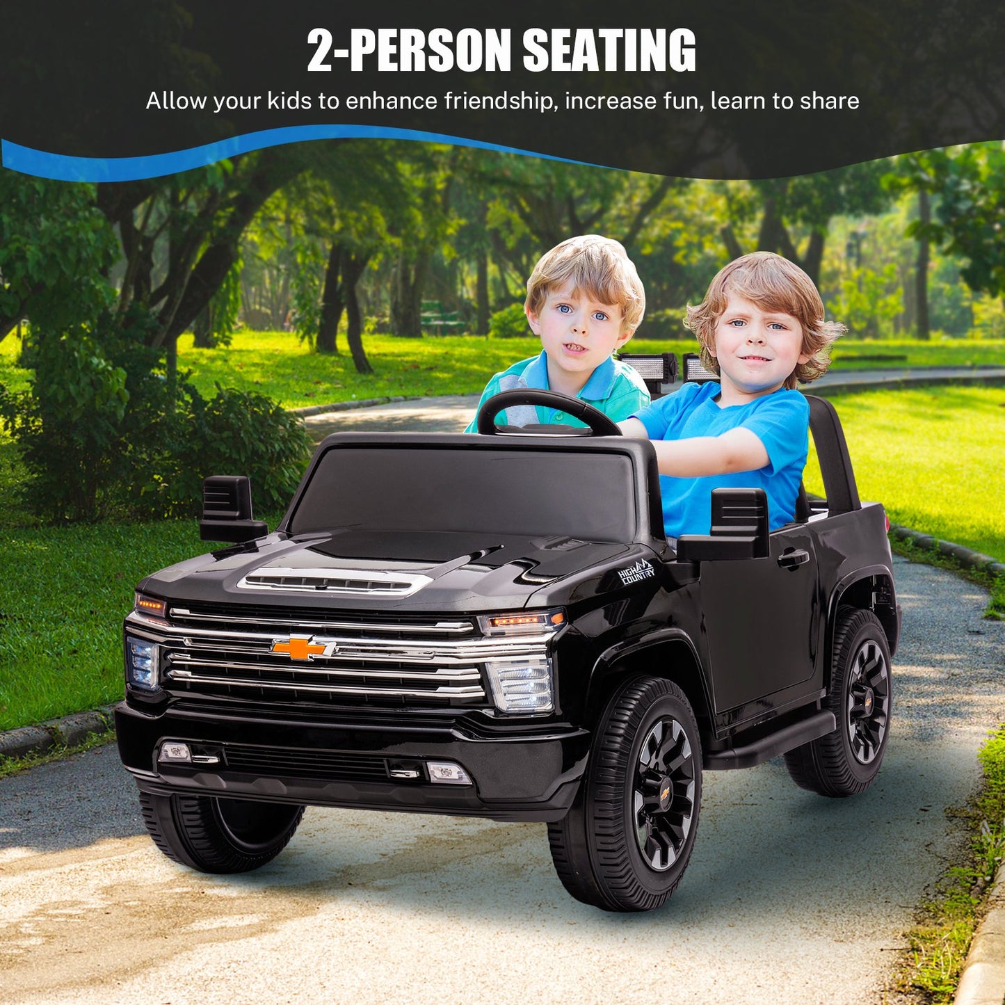 iYofe SILVERADO 12V Battery Powered Car Toy for Girls Boys, Kids Ride on Car for 3 4 5 Yrs with 2 Seats, Remote Control, LED Lights, MP3, Seat Belt, Electric Truck for Kids Birthday Gift, Black