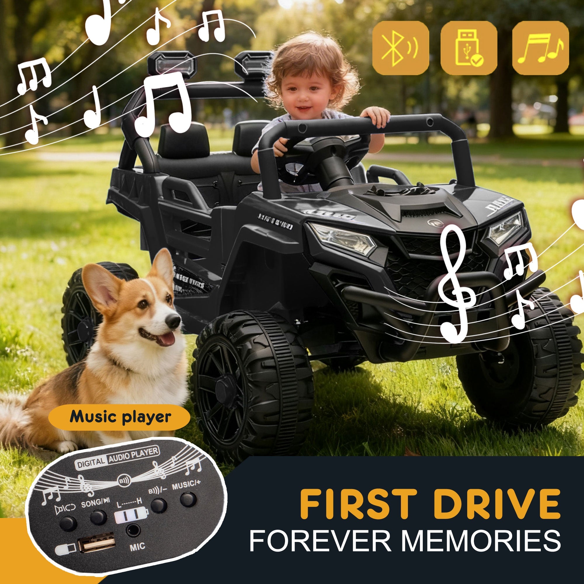12V Powered Ride on Car UTV, Kids Ride on Toys for Toddlers Ages 3-5, Ride on Vehicles with Remote Control, Bluetooth, Music, 4 Wheels Suspension, Electric Cars for Kids Boys Girls, Black